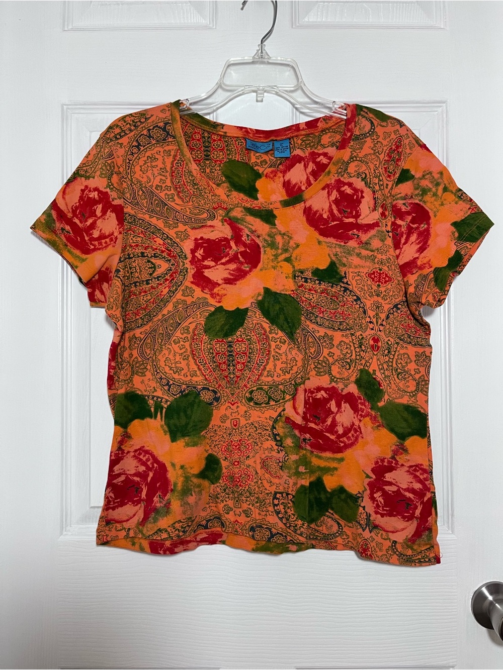 TeeCo Y2K Floral Paisley Short Sleeve Tee - Orange, Red, Green